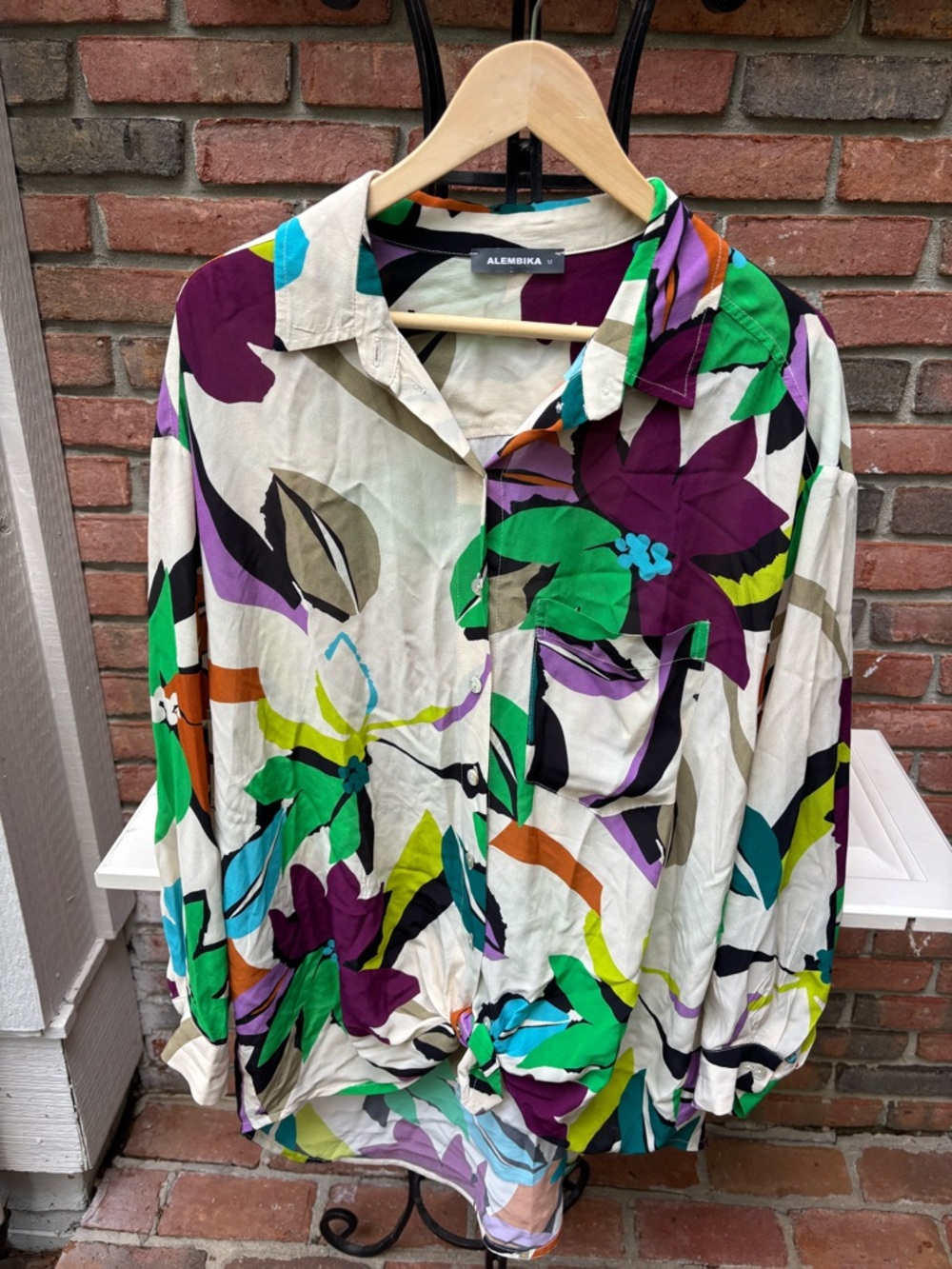 Alembika Floral Button-Up Blouse in Cream with Green & Purple Print